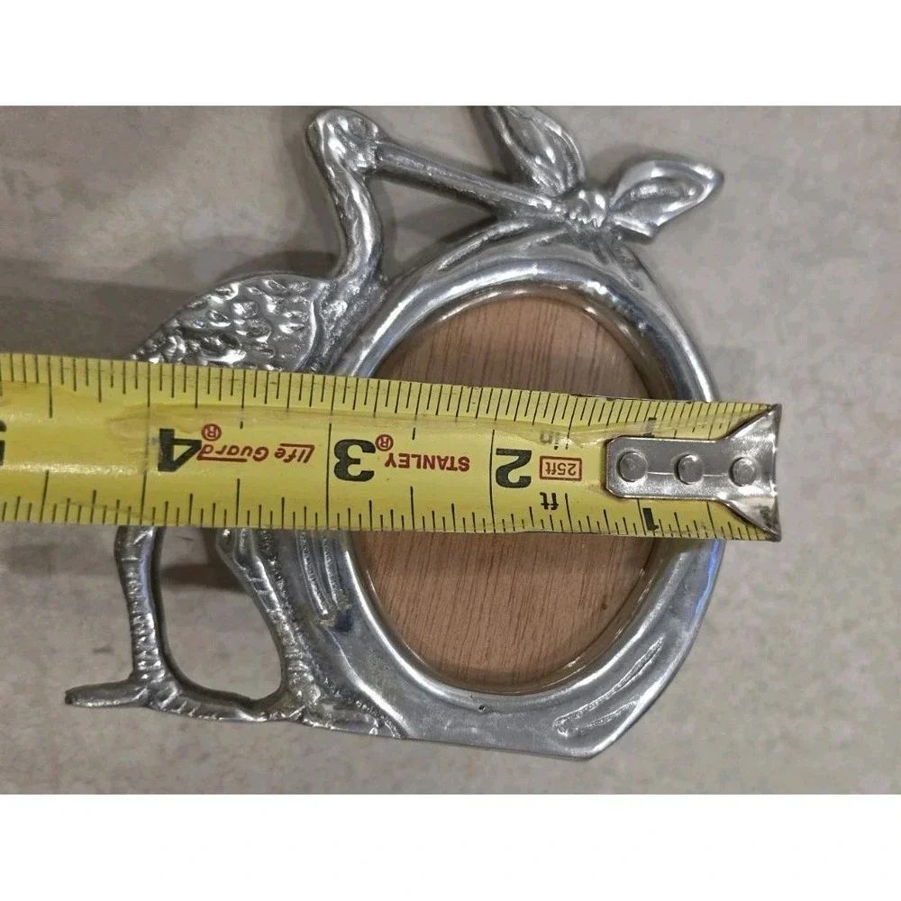VTG Pewter Stork Baby Picture Frame Nursery Cottagecore Made Mexico Wood Stand